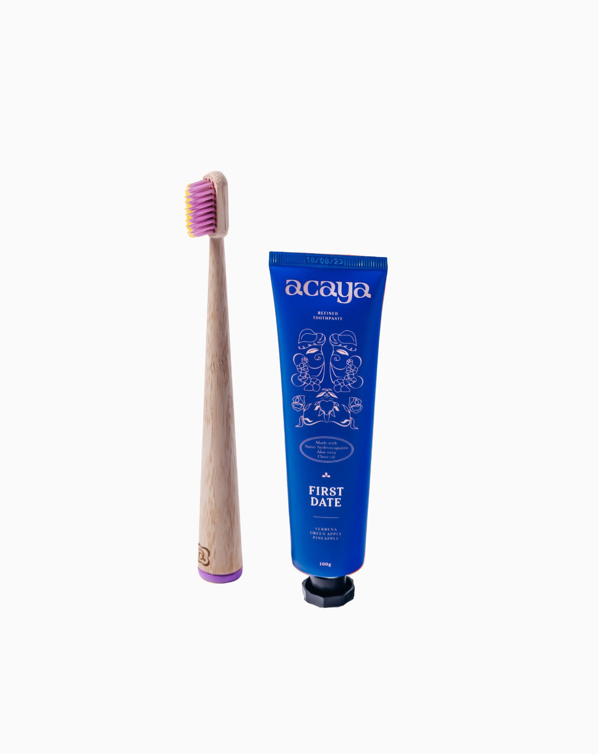 Acaya First Date toothpaste tube & Flossy Purple toothbrush