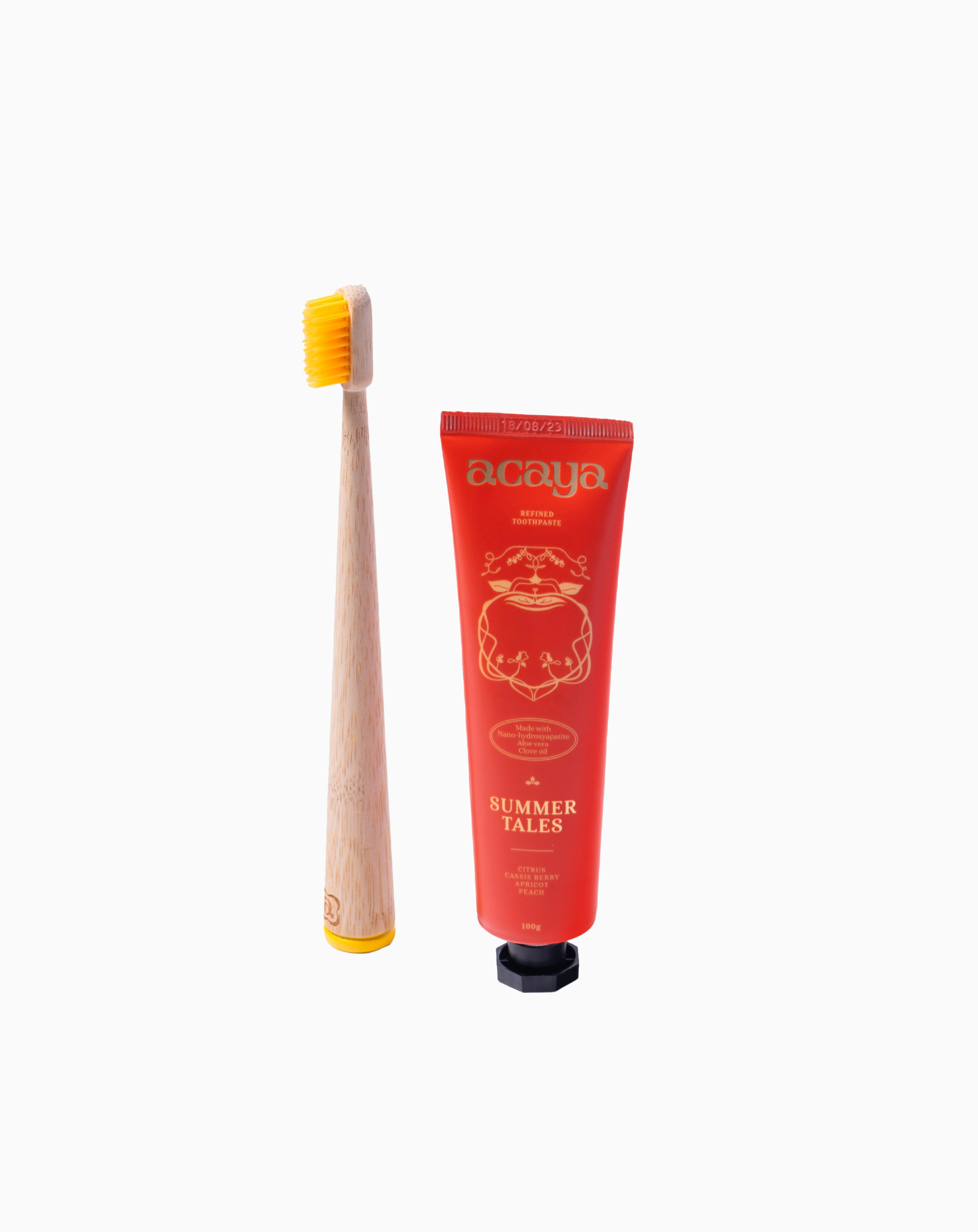 Acaya Summer Tales toothpaste tube & Sunkissed Yellow toothbrush