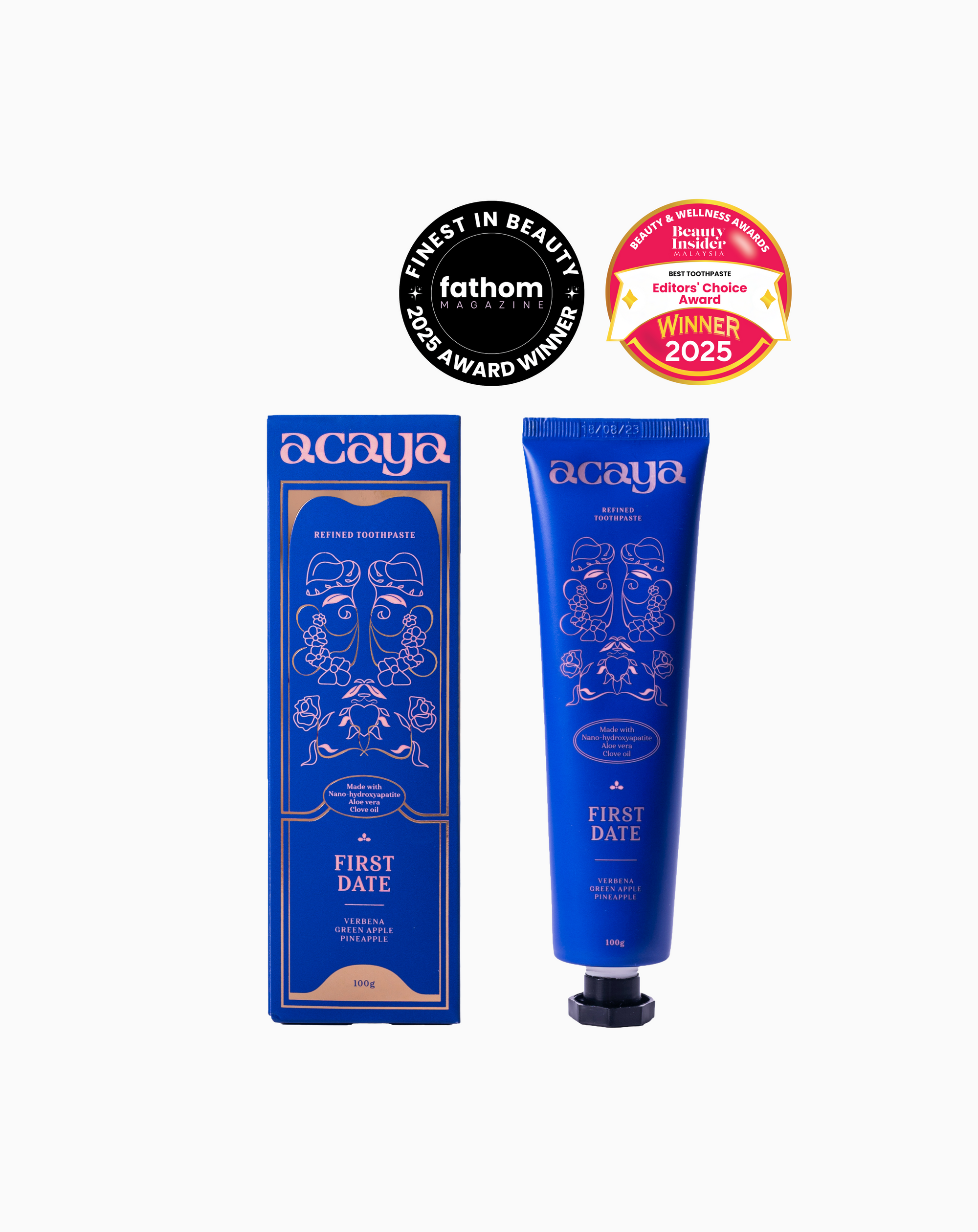 Acaya First Date product packaging with awards on a white background