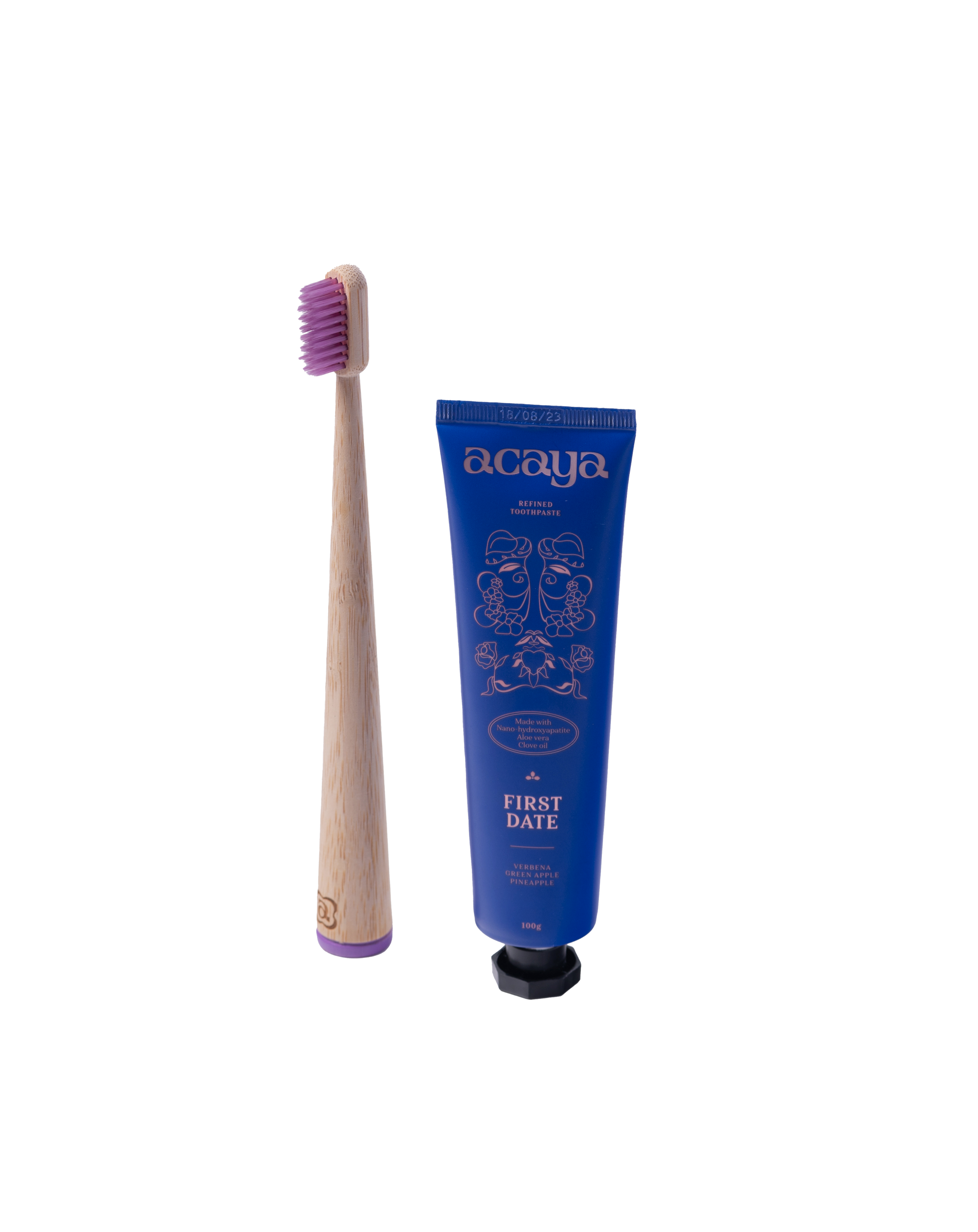 Acaya First Date toothpaste tube & Flossy Purple toothbrush