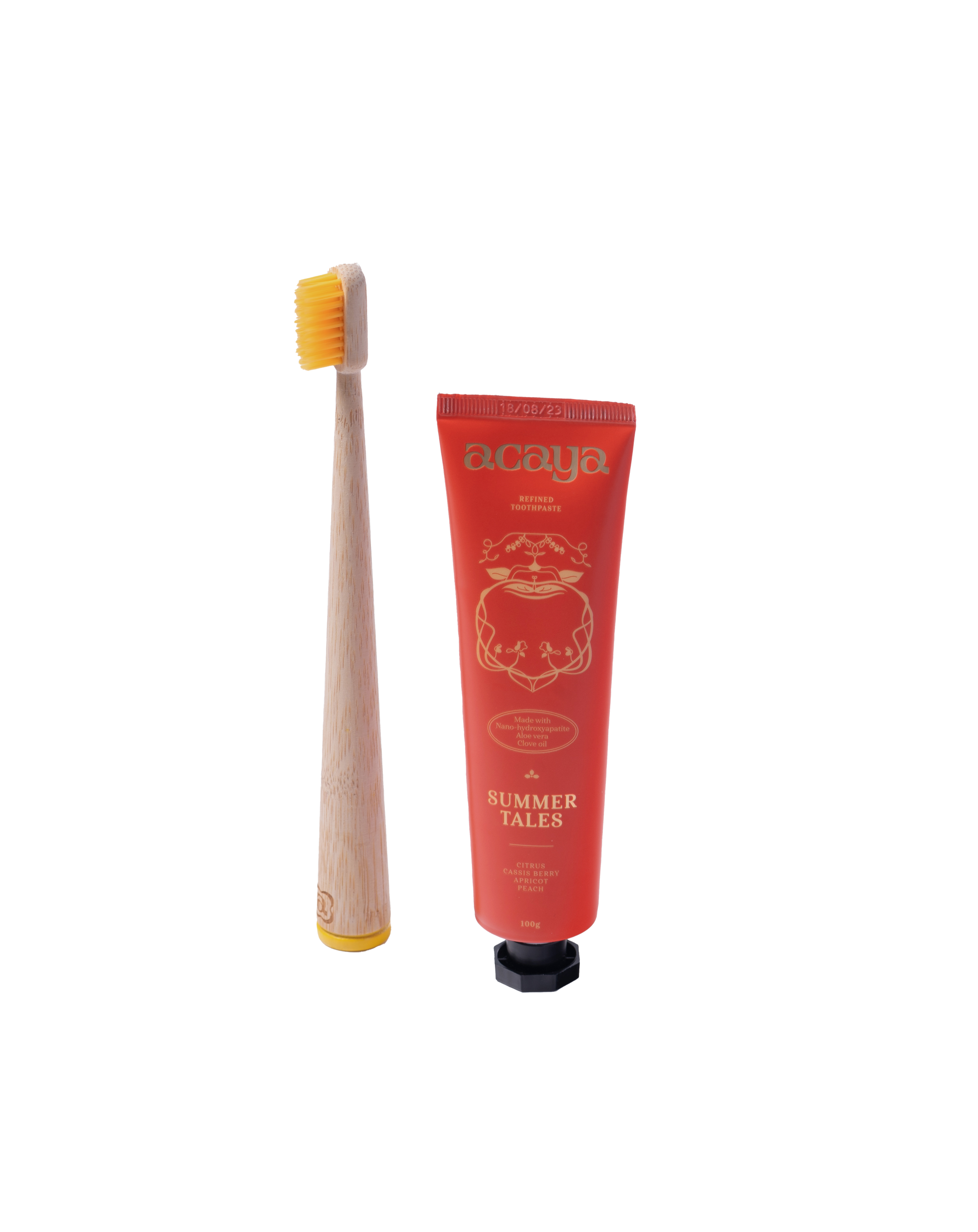 Acaya Summer Tales toothpaste tube & Sunkissed Yellow toothbrush