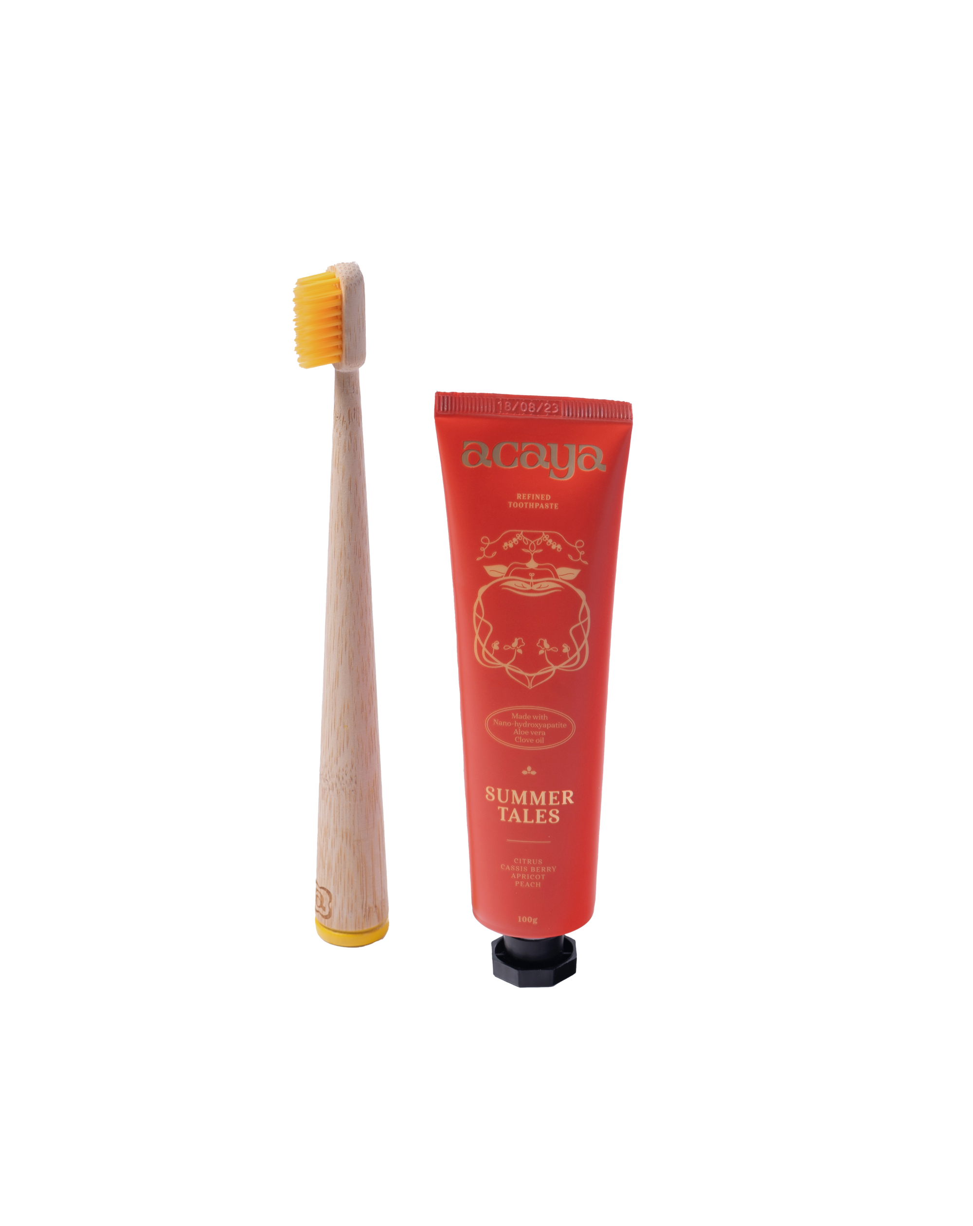 Acaya Summer Tales toothpaste tube &amp; Sunkissed Yellow toothbrush