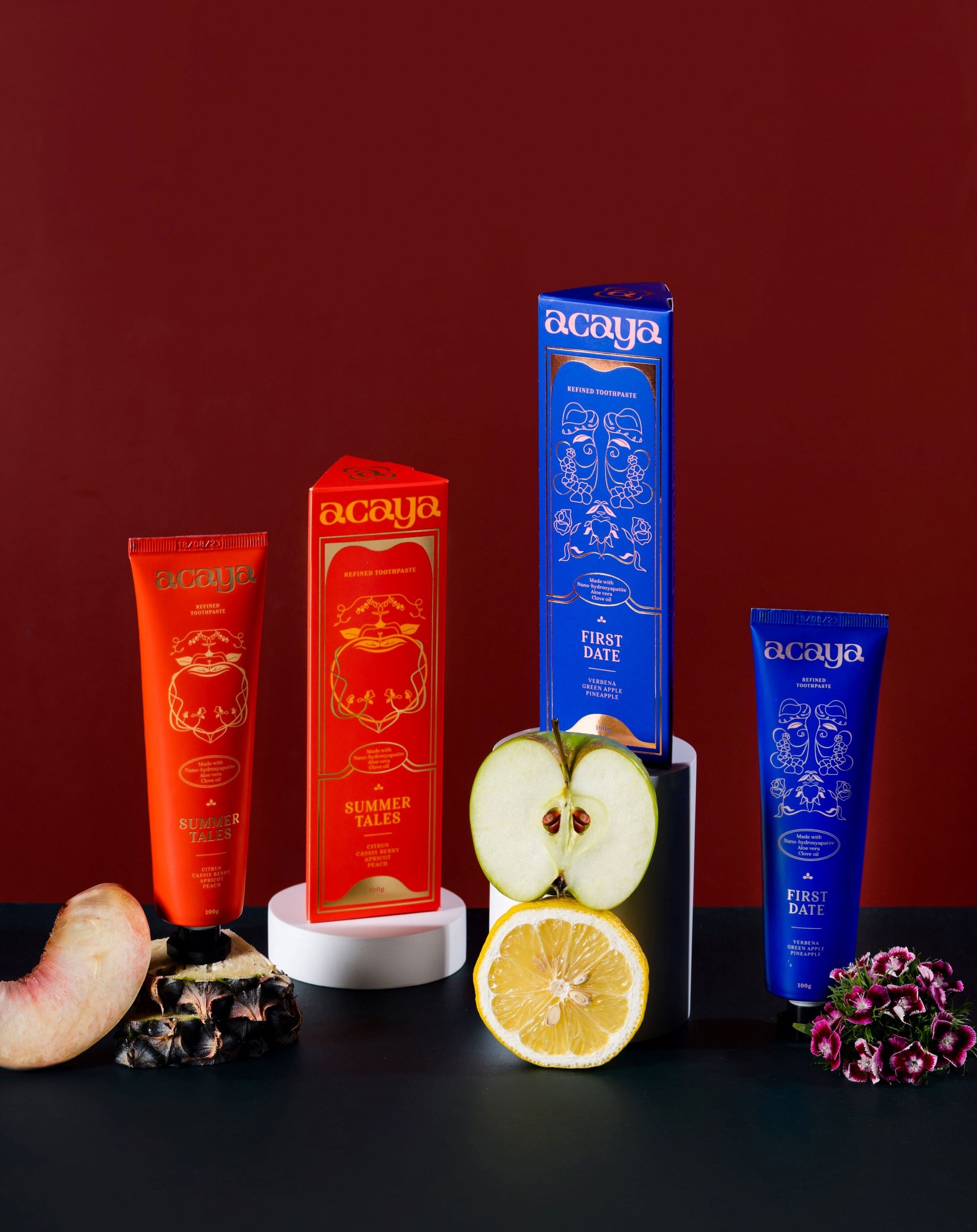 Acaya toothpastes group shot with flavour ingredients