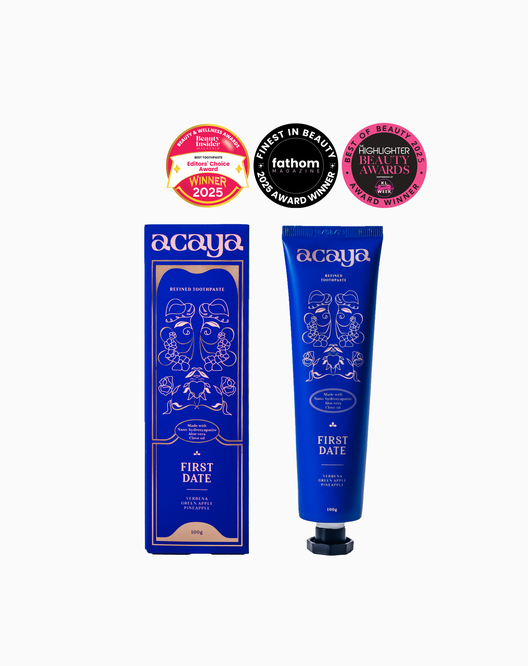Acaya First Date product packaging with awards