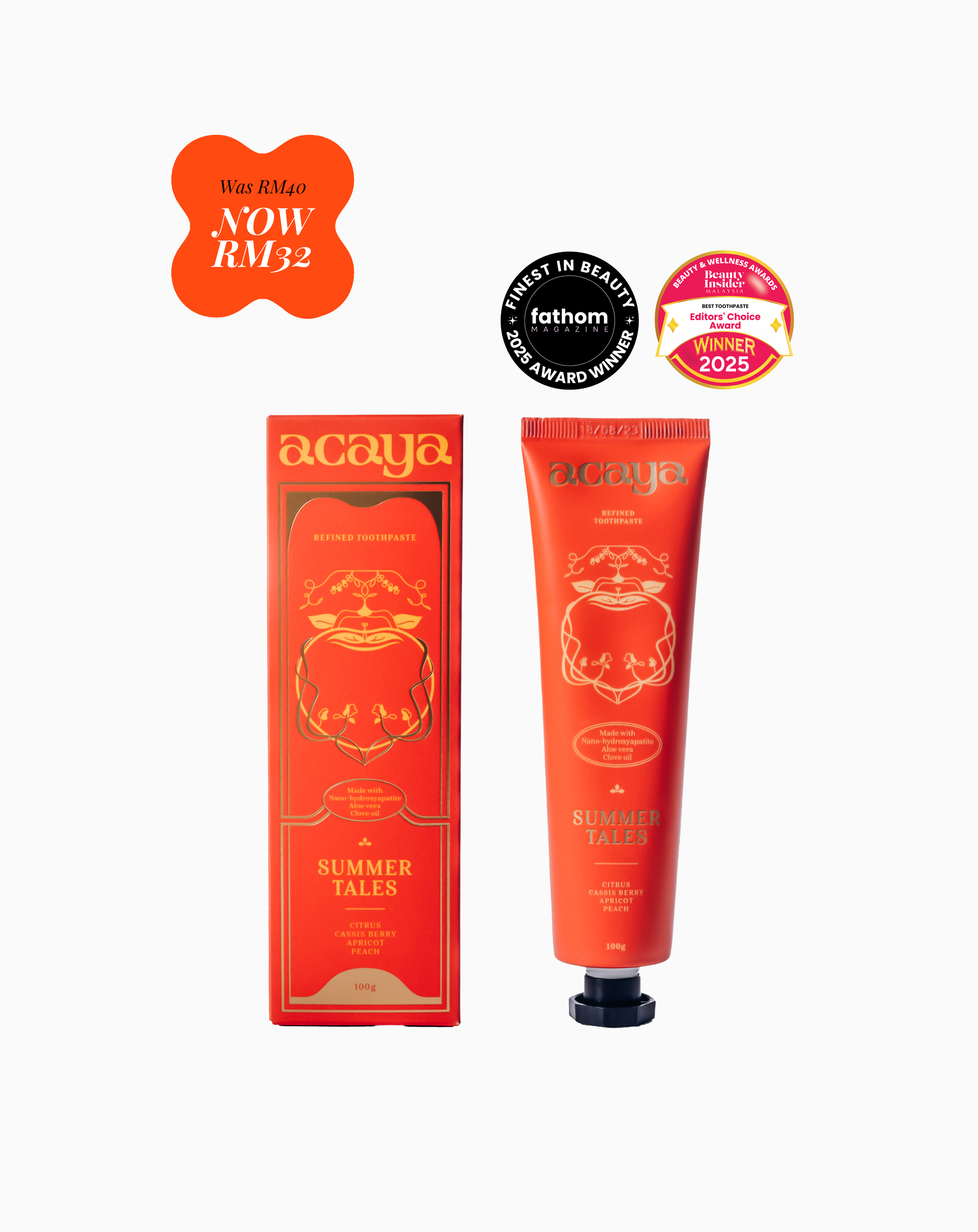 Acaya Summer Tales product packaging with awards