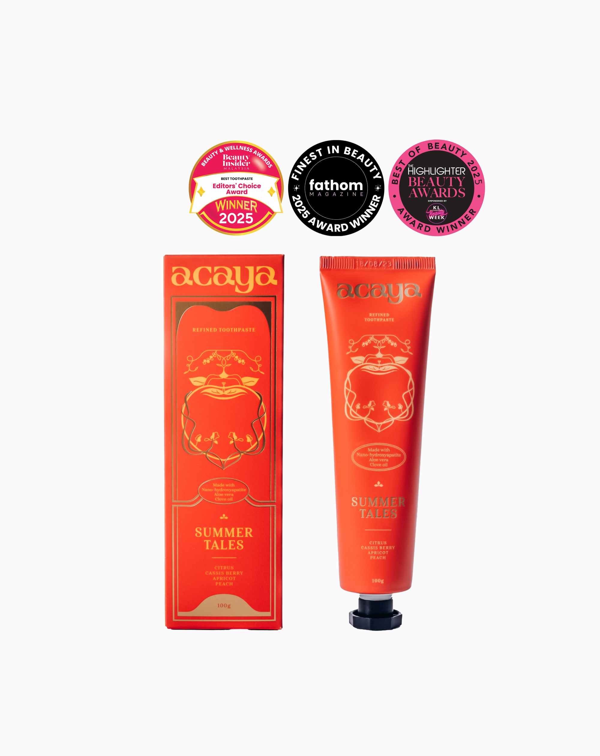 Acaya Summer Tales product packaging with awards